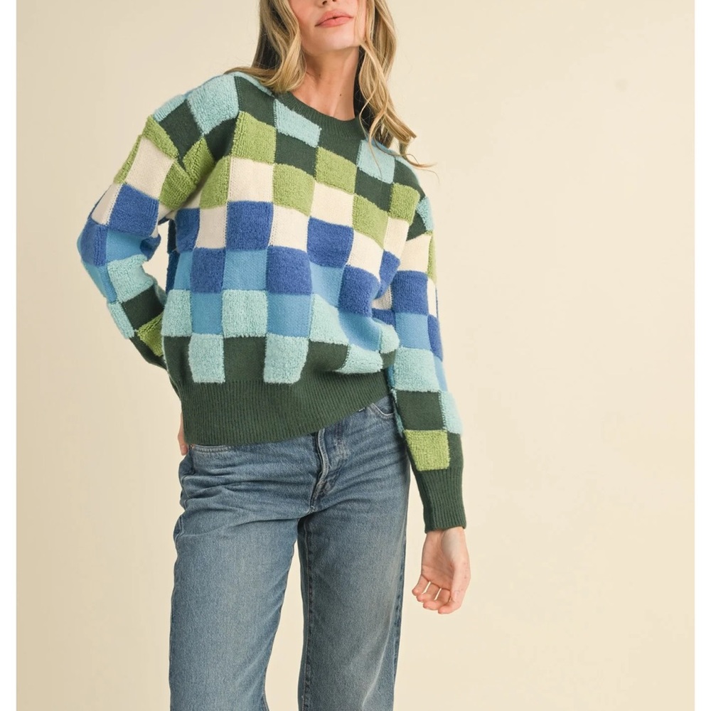 REPOSH &Merci Green and Blue Checkered Sweater in Size Medium - Picture 3 of 14